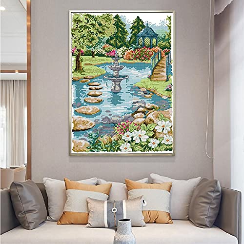 Joy Sunday Cross Stitch Kits Stamped Full Range of Embroidery Starter Kits for Beginners DIY 11CT 3 Strands -Waterfront Garden (Printed) 16.5×21.7 inch