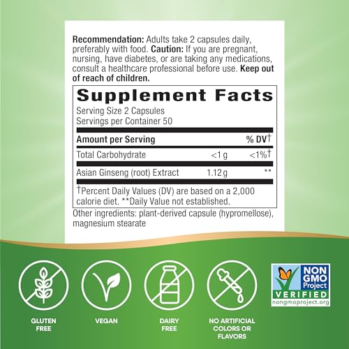 Nature&#39;s Way Asian Ginseng, Fights Fatigue*, 1,120mg Per 2-capsule Serving, Non-GMO Project Verified, Vegan, 100 Capsules (Packaging May Vary)