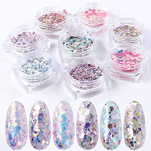 8 Boxes/Set Holographic Nail Glitter Mermaid Powder Flakes Shiny Charms Hexagon Nail Art Pigment Dust Decoration Manicure
