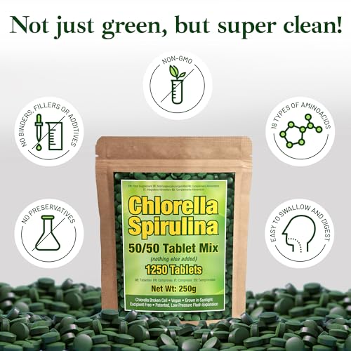 Premium Spirulina and Chlorella Capsules 1,250 Tablets, Non-GMO, Vegan Organic Chlorella Tablets, Sunlight Grown, Cracked Cell Wall, High Protein, Heavy Metal Detox