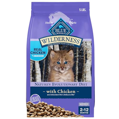 Blue Buffalo Wilderness Natural Kitten Dry Cat Food, with DHA and ARA to Support Brain and Eye Development, High-Protein and Grain-Free Diet, Chicken, 5-lb. Bag
