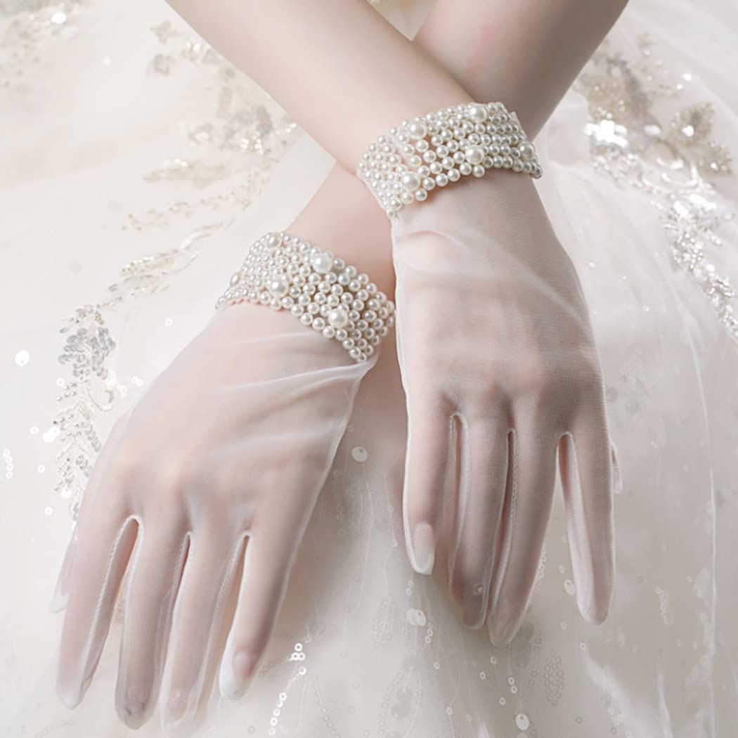 Wedding Bridal Lace Gloves White Sheer Pearl Gloves Elegant Full Fingered Gloves Prom Opera Dinner Party Cosplay for Women and Girls