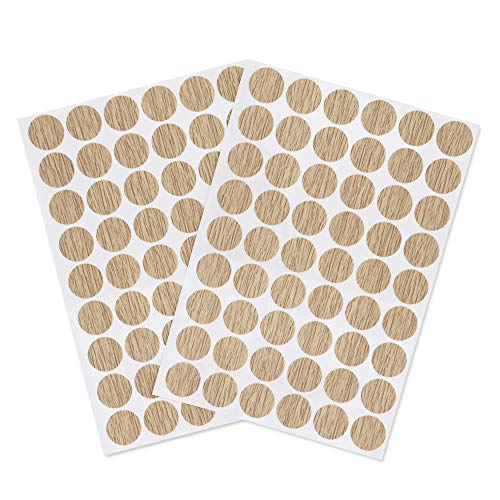 Self-Adhesive Screw Hole Stickers PVC Cover Caps Dustproof for Wooden Furniture Cabinet 21mm 2 Sheets/108 Pcs Light Oak