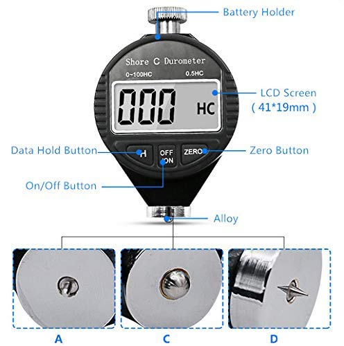 Portable 0-100HD Shore A/C/D Hardness Digital Hardness Meter Durometer Hardness Tester with Large LCD Display for Rubber, Tire, Plastic, Thermal Plastic, Flooring, Bowling balll (A Hardness)