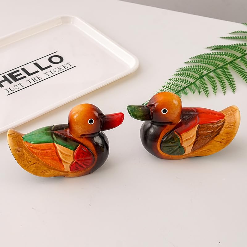 Wooden Mandarin Duck Ornament Craft Home Décor Accents Duck Figurine, 2 Pcs
