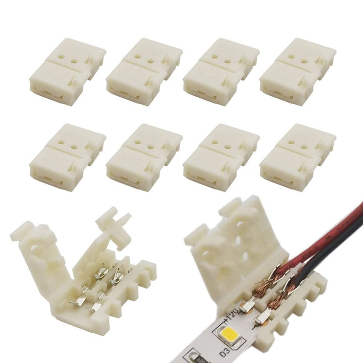 2-Pin 8mm LED Strip Connectors Solderless Unwired Clips - DIY Strip to Wire Quick Connection for 12v 24v Single Color SMD 3528 2835 Led Strip Lights (Pack of 10)