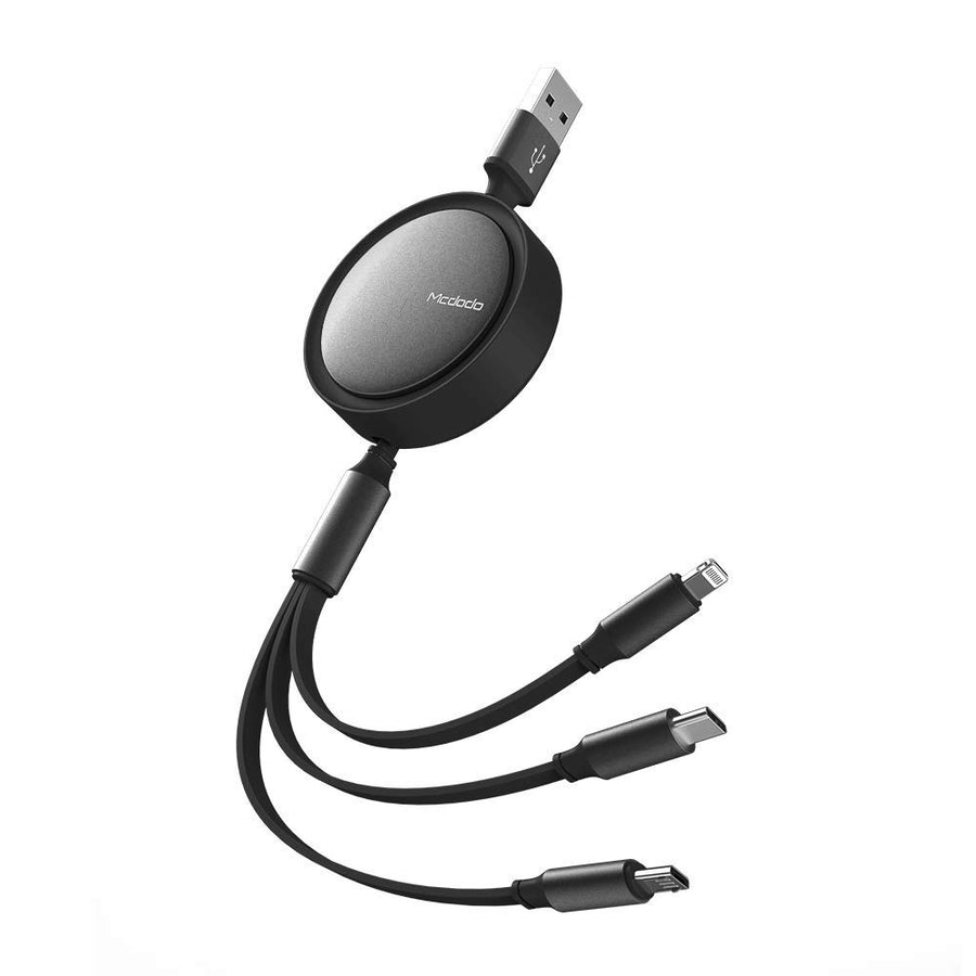 3 in 1 Retractable Flat Cable Adjustable Length Universal Multiple USB Charging Cord Adapter iOS/Type-C/Micro Compatible with Cell Phones Tablets and More (Charging Only) (4FT/1.2M, Black)