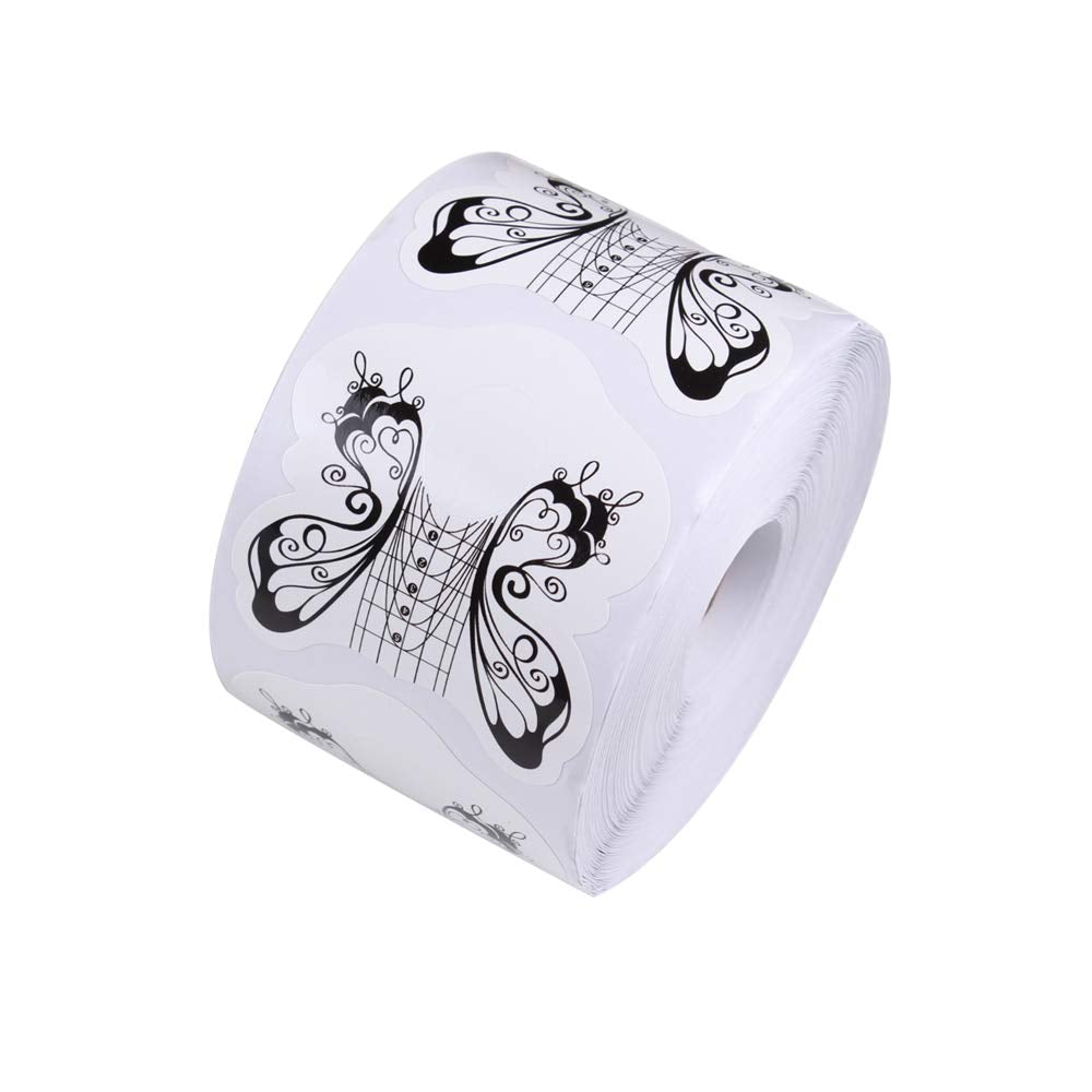 BeautyLeader 500Pcs/Roll Nail Form Guide Acrylic Tip Extension Forms Black And White Color Butterfly DesignSticker Rroll Manicure Tool for Acrylic UV Gel Nail Art Tips
