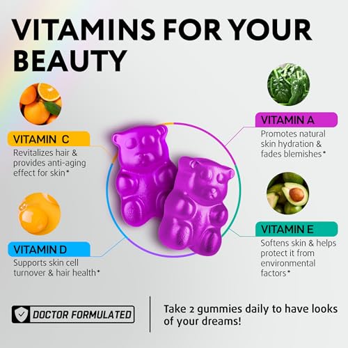 Hair Skin and Nails Gummies with Biotin Collagen Keratin Astragalus - Hair Growth Supplement & Hair Vitamins for Hair Loss for Women & Men, Hair Skin and Nails Multivitamin B7 Gummies, 60 Gummy Bears