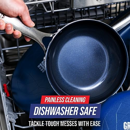 Cookware 10 Frying Pan Skillet, Diamond Infused Healthy Ceramic Nonstick, PFAS and PFOA-Free, Dishwasher and Oven Safe, Even Heating, Metal Utensil Safe, Warp Control Base, Blue