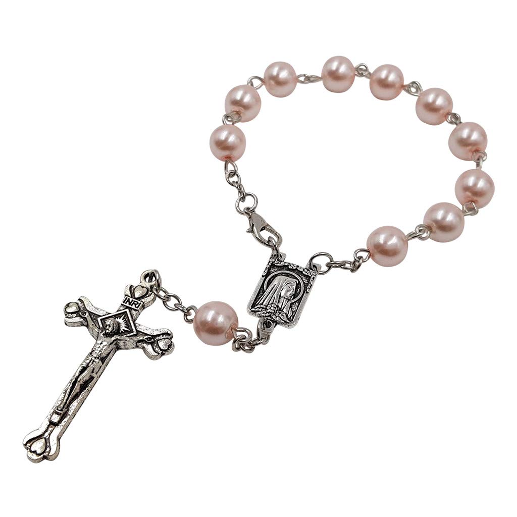 One Decade Auto Rosary for Rearview Mirror Pink Pearl Glass Beads Catholic Bracelet Our Lady of Lourdes Centerpiece Religious Gift Car Truck Travel Protection
