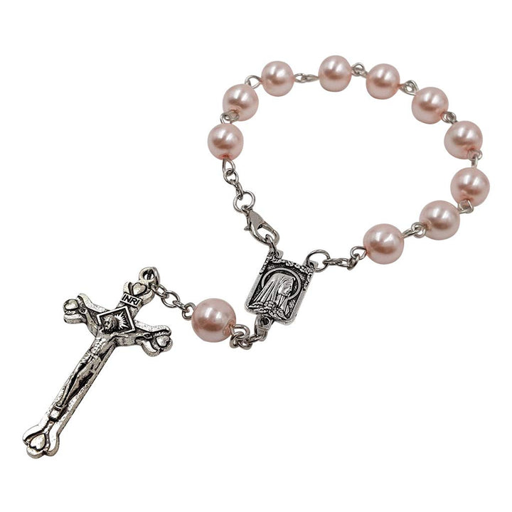 One Decade Auto Rosary for Rearview Mirror Pink Pearl Glass Beads Catholic Bracelet Our Lady of Lourdes Centerpiece Religious Gift Car Truck Travel Protection