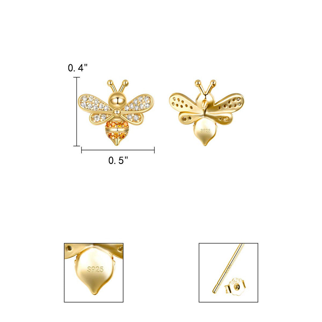 925 Sterling Silver CZ Gold Tone Tiny Bumblebee Stud Earrings for Women, Valentine&#39;s Day/Mother&#39;s Day/Christmas Jewelry Gift for Wife/Mom