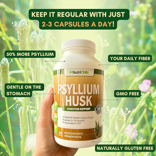 PSYLLIUM Husk Capsules - 1450mg Per Serving - 240 Capsules - Double Strength - Premium Psyllium Fiber Supplement - Great for Digestion and Regularity - 100% Natural Soluble Fiber