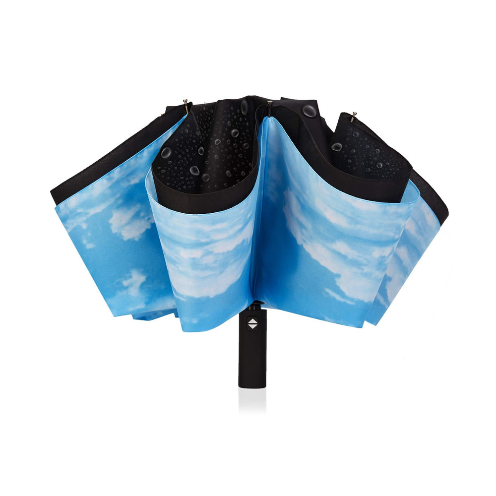 Inverted Umbrella Double Layer Automatic Folding Reserve Umbrella Windproof UV Protection for Rain Car Travel Outdoor Men Women Blue Sky