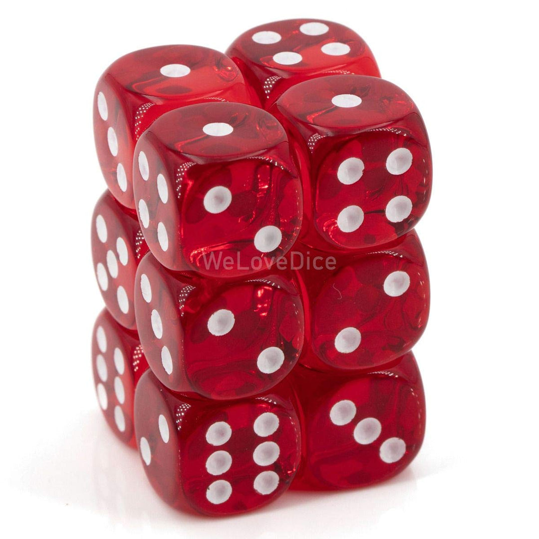 Chessex Translucent 16mm d6 Red w/White Dice Block 12 p