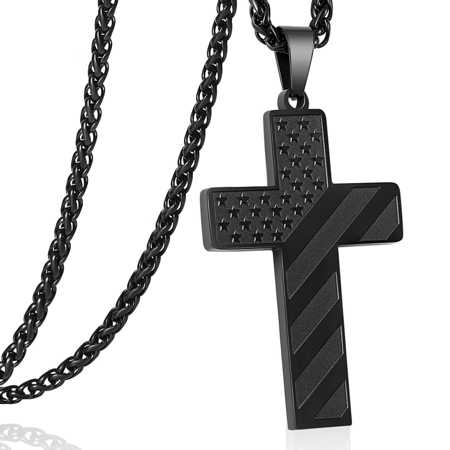 Black Cross Necklace Pendant for Men Boys American Flag Chain First Communion Confirmation Baptism Christian Gifts Teen Teenage Boys (Joshua 1:9)