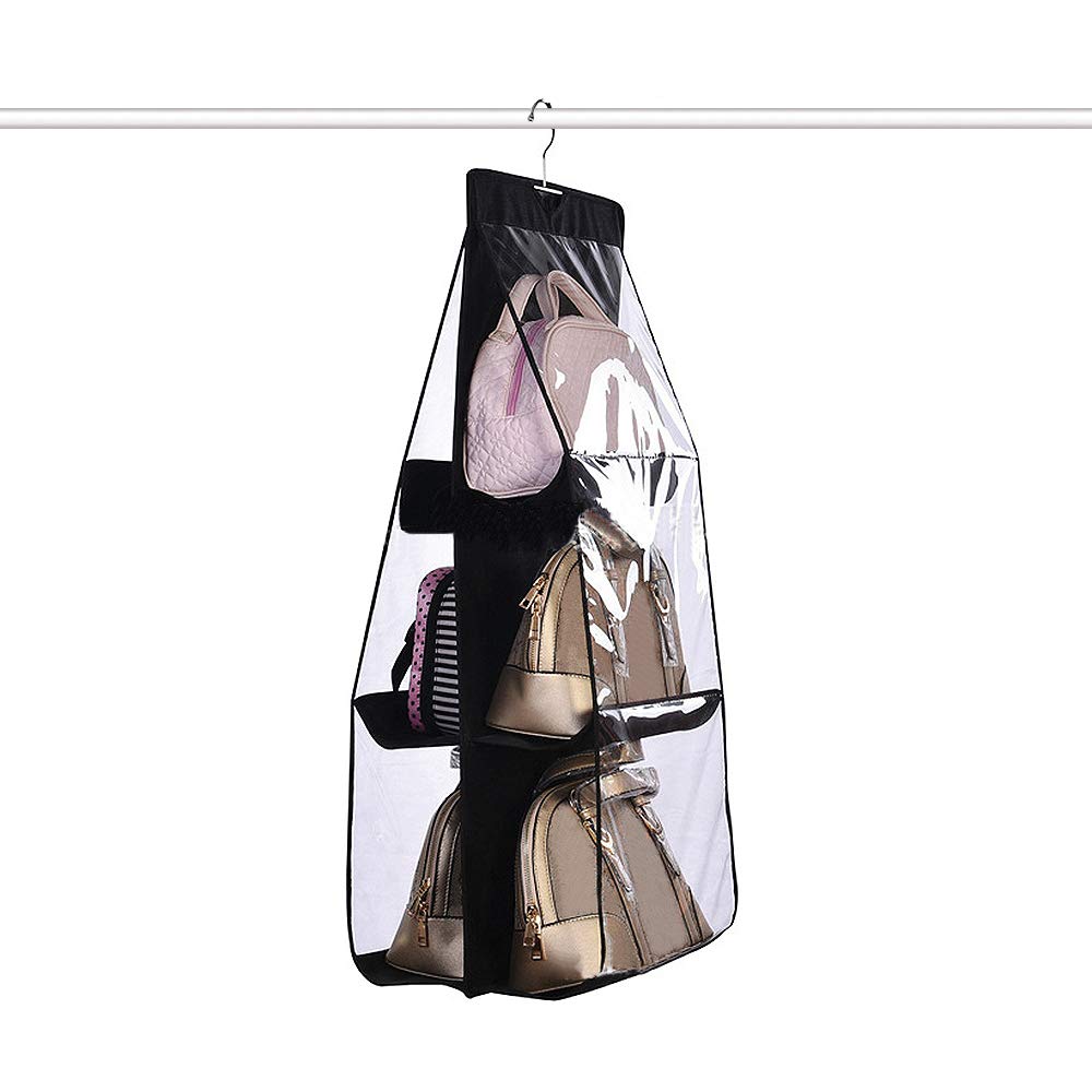 Hanging handbag Organizer Storage Holder Purse Clutch hanger bags for Closet Wardrobe with 6 Larger Pockets, Black
