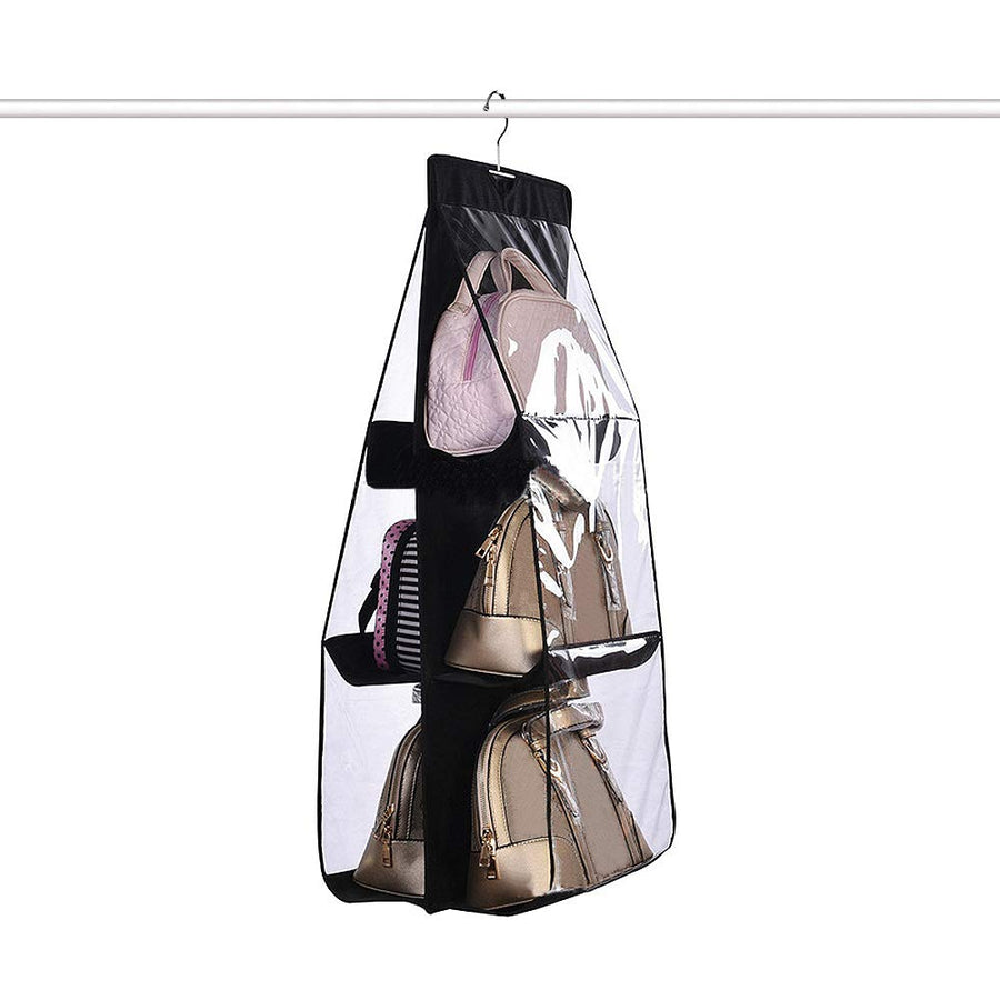 Hanging handbag Organizer Storage Holder Purse Clutch hanger bags for Closet Wardrobe with 6 Larger Pockets, Black