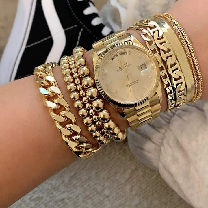 Gold Beaded Bracelet Set for Women Stack 14 K real Gold Plated Ball Bracelets Elastic String Bracelet 4 mm 5 mm 6mm Small Beads Friendship Bracelet for Men (gold)