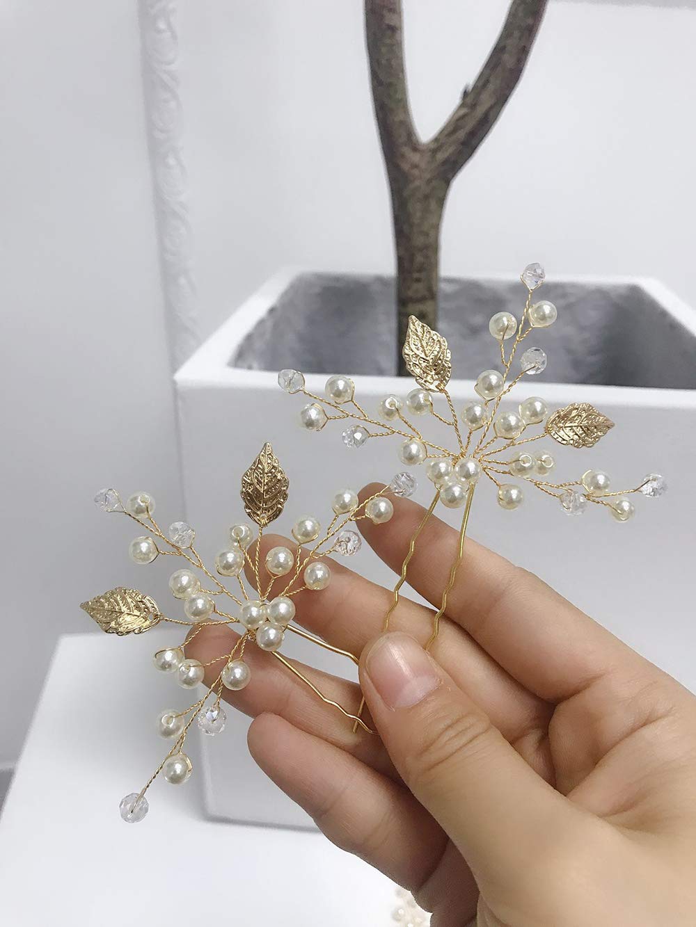 Bride Gold,Silver,Rose gold Leaves Hair Pins Wedding Hair Pins Clips Rhinestone Bridal Hair Piece Hair Accessories for Women Set of 3 (Gold)