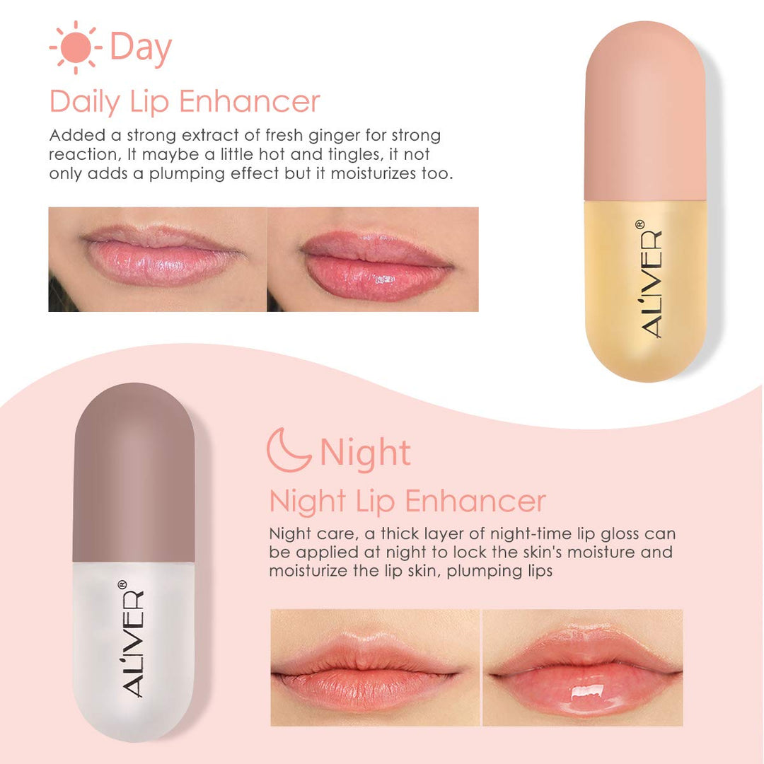 Lip Plumper Gloss- Natural Lip Plumper,Plumper Set Contains Day and Night Lip Gloss -Clear Lip Plump Gloss-Enhancer for Fuller &amp; Hydrated Lips | Give Volume,Moisturize