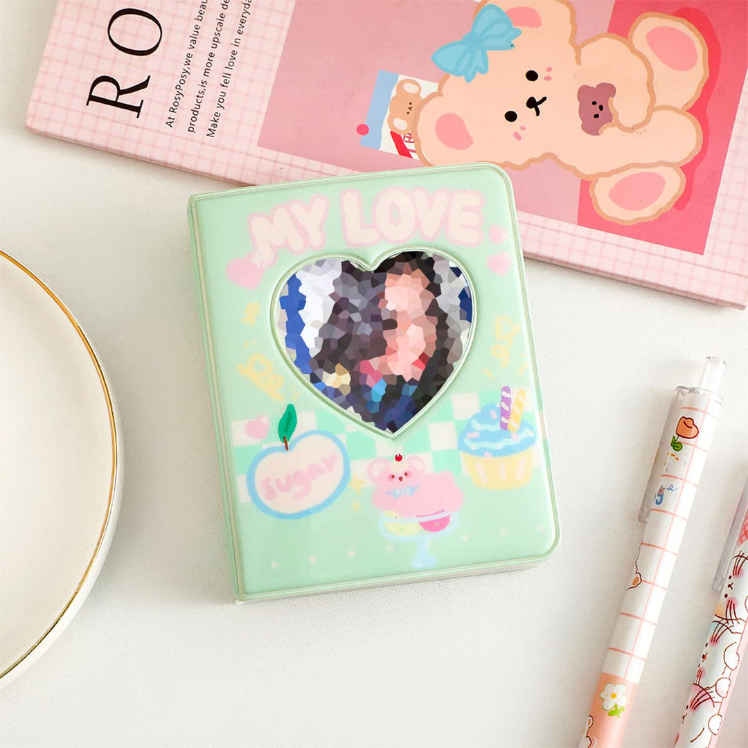 3 Inch Kpop Photocard Holder Book, Mini Photocard Binder with 40 Pockets, Cute Photo Album with Love Heart Hollow, Photocard Id Holder (Green)