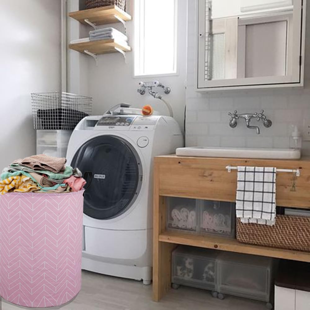 ACMUUNI 19.7 Round Kids Laundry Clothes Hamper Laundry Basket with Handles,Baby Toys Storage Organizer Bins Laundry Gift Basket for Boys and Girls Room, Bedroom Decorate(Pink Geometry)