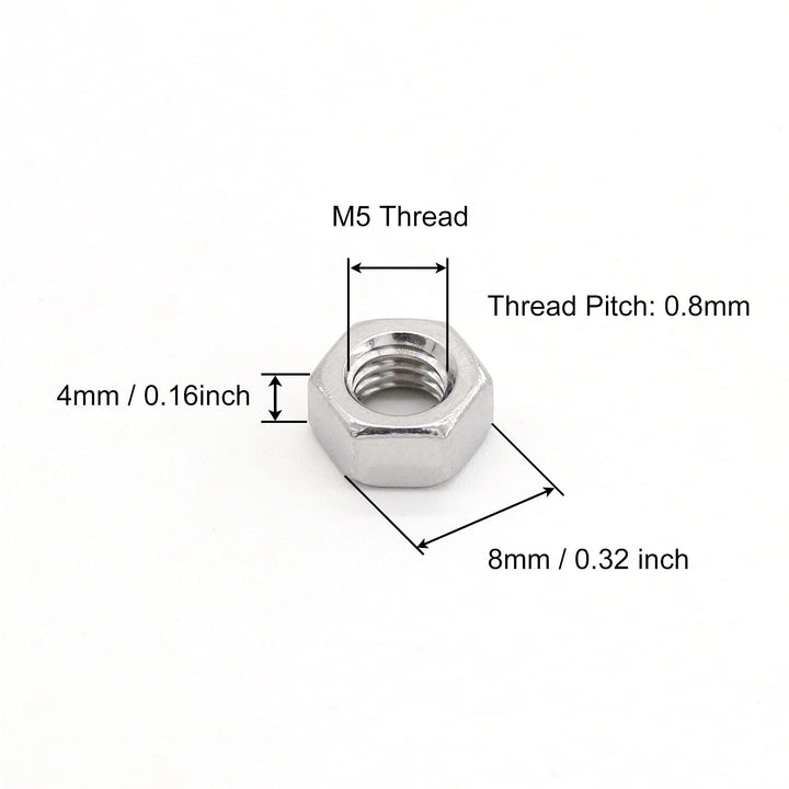 M5 Hex Nuts, M5 x 0.8mm Stainless Steel 18-8 304 A2-70 Metric Coarse Thread Hexagon Nut 50pcs