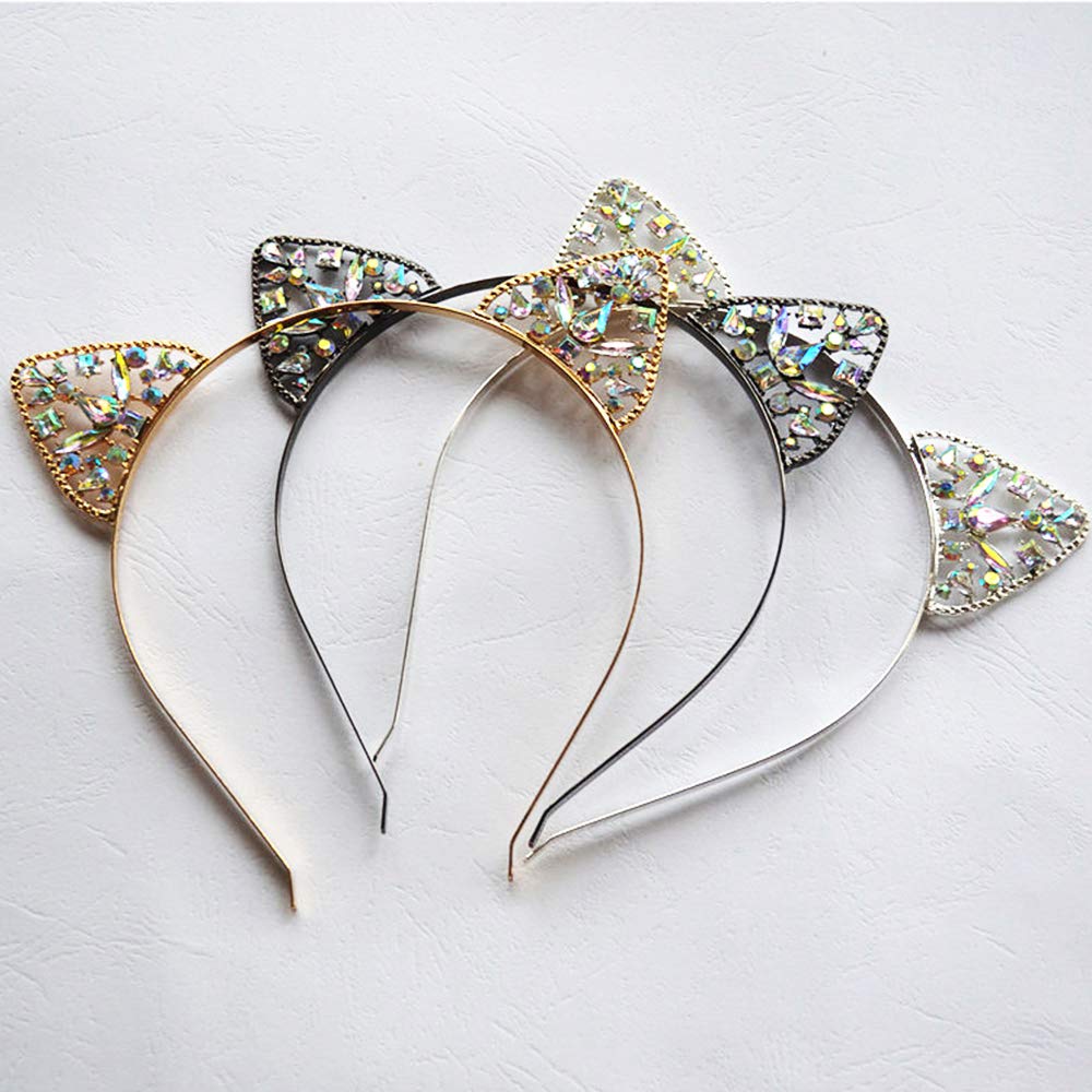 Cat Ears Headband Rhinestone Cat Hair Bands Crystal Halloween Hair Hoop Women Girls Hairband Party Decoration Headdress Cosplay Costume Headwear Handmade Headpiece Makeup Hair Accessories 3 Pack