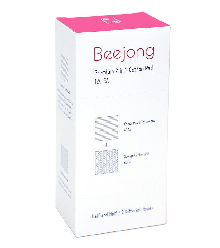 [120EA] Premium 2 in 1 Facial Cleansing Square Cotton Pads - Two Types of Face Wipes Cotton Pads for Toner, Makeup Remover | Compressed 60EA &amp; Sponge 60EA | Made in Korea (1 Pack)
