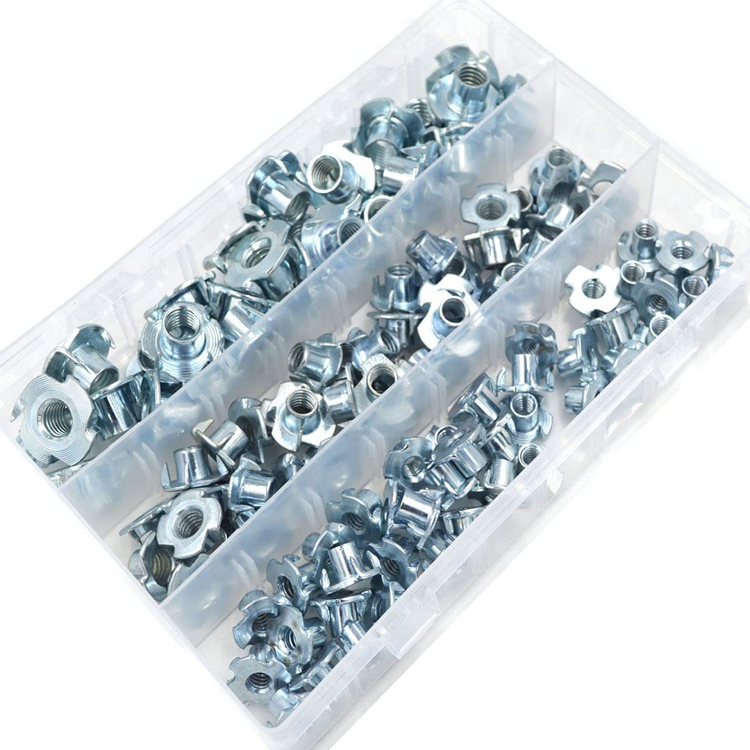 T Nuts 1/4-20,5/16-18, 3/8-16, 120pcs Zinc Plated Steel T-Nut 4 Pronged Tee Blind Nuts Assortment Kit for Wood, Rock Climbing Holds, Cabinetry, Furniture,etc.