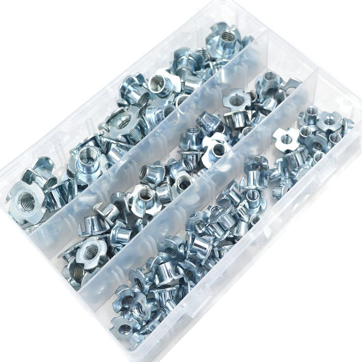T Nuts 1/4-20,5/16-18, 3/8-16, 120pcs Zinc Plated Steel T-Nut 4 Pronged Tee Blind Nuts Assortment Kit for Wood, Rock Climbing Holds, Cabinetry, Furniture,etc.