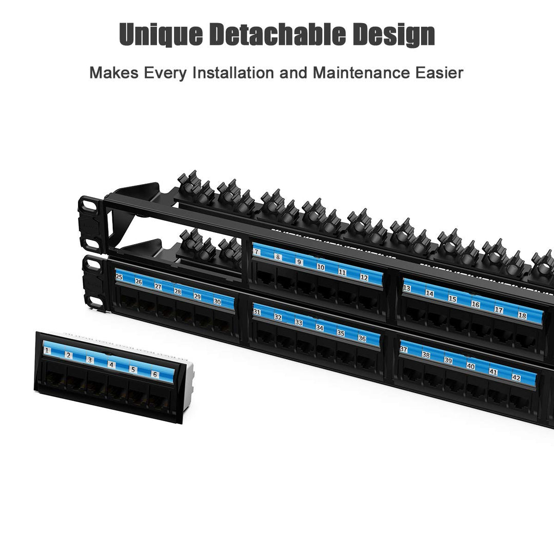 Industrial Series CAT6 48 Ports Patch Panel, Rack Mount - 2U, 19 inch, RJ45 Ethernet 568A 568B, 50u Gold Plated, with Rear Cable Management Bar