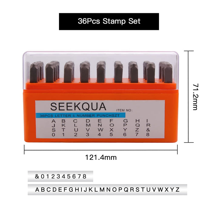 SEEKQUA 36PCS Letter and Number Steel Metal Stamp Capital Letter and Number Punch Set(A~Z, &, 0-8) with Storage Case for Jewelry Leather Wood Stamping (3mm)