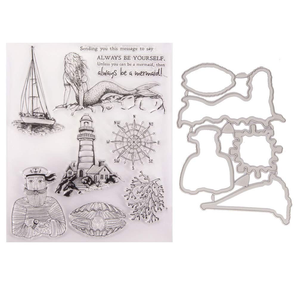 Mermaid Compass Ship Captain Lighthouse Pearl in Shell Clear Stamps and Dies Set, 6.1 by 7.5 Inch, DIY Scrapbooking Card Making Paper Crafts Silicone Stamps and Dies