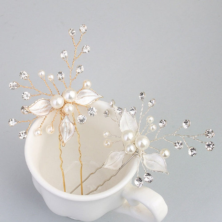Silver: Ammei Silver Wedding Headpieces For Bride Handmade Leaves Design Bridal Hair Pins With Rhinestones And Pearls Set Of 2 (Silver)