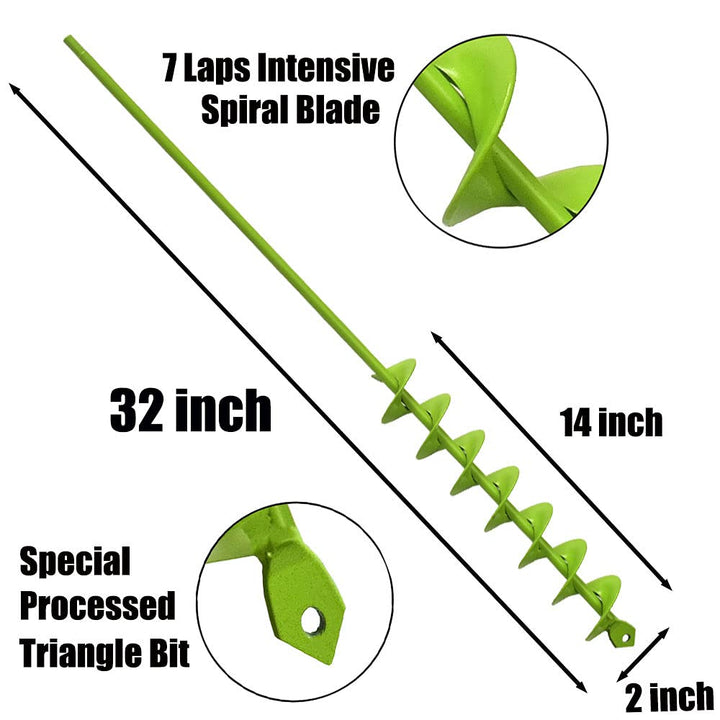 32 x 2 Upgraded Elongated Auger Drill Bit- No Need to Squat Post Hole Digger,100% Solid Barrel Extended Length Intensive Blades Heavy Duty Green Auger Drill Bit for Planting for 3/8 Hex Drive Drill