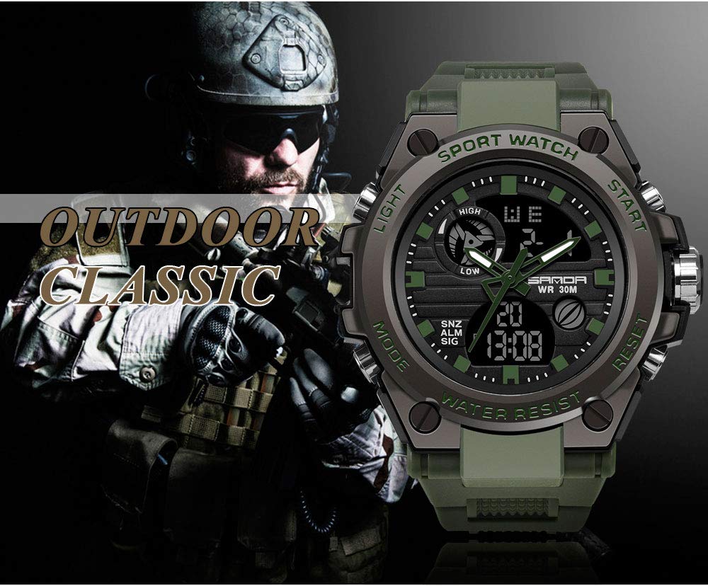 Men's Watches Sports Outdoor Waterproof Military Watch Date Multi Function Tactics LED Alarm Stopwatch (26_Green)
