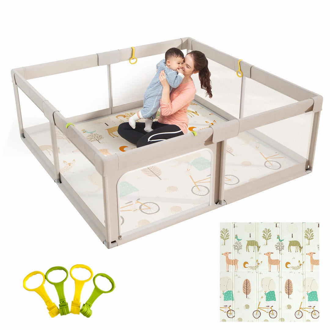 Mloong Baby Playpen with Mat, 59x59 Inches Extra Large Playpen for Babies and Toddlers, Indoor &amp; Outdoor Activity Center, Safety Baby Fence with Gate