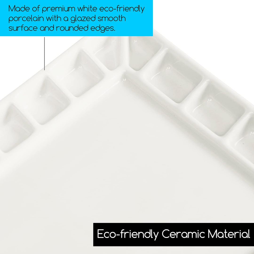 18-Well Porcelain Artist Paint Palette, Mixing Art Ceramic Watercolor Paint Palette for Watercolor Gouache Acrylic Oil Painting, Rectangle 8 by 5-1/2-Inch