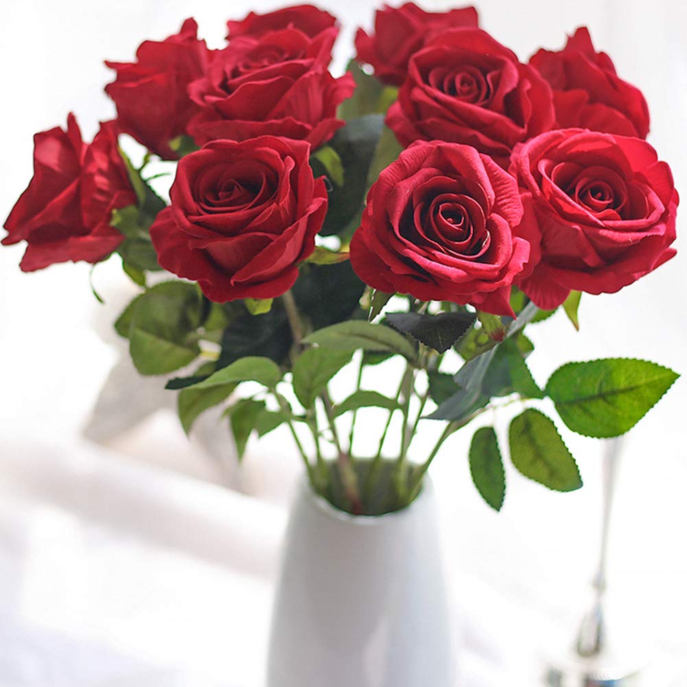 Artificial Silk Rose Flowers 12pcs Real Looking Fake Big Roses Velvet Roses Bridal Bouquet Wedding Home Kitchen Decorations or Gift (Red)
