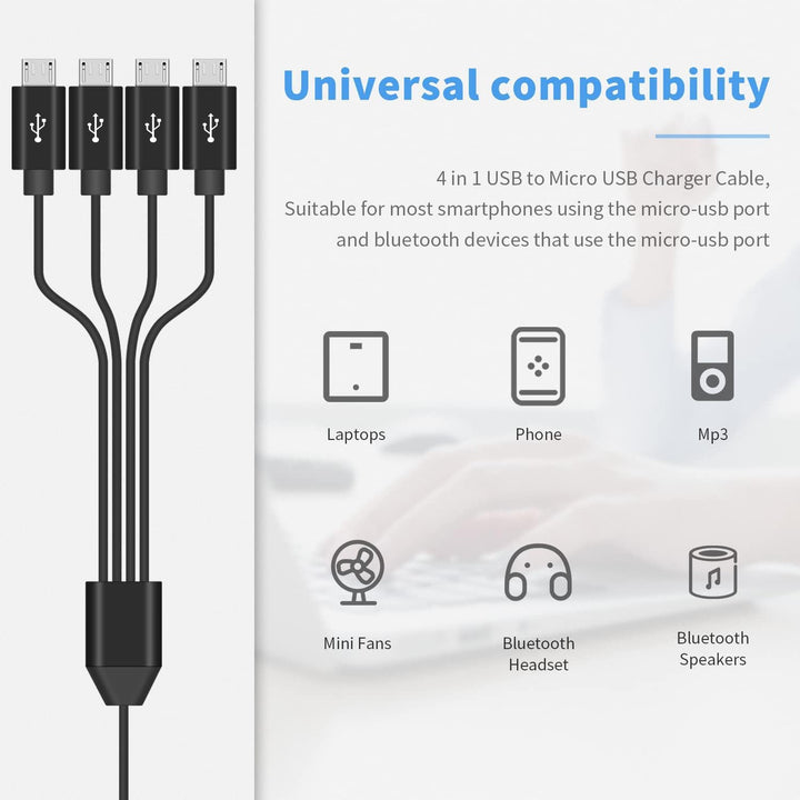 USB A to USB Micro Charging Cable, 4 in 1 Multi Charger Cable Micro USB Splitter Cable 4 Ports Micro USB 2.0 Male-Male Charging Cord Adapter Connectors for Cell Phones and More (Black 1.8M)