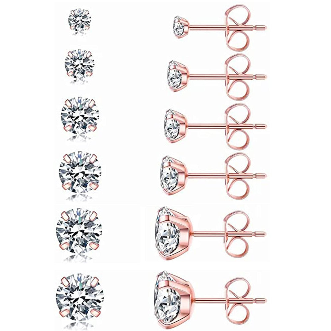 Set of 6 pairs of ear studs lady girl 316L stainless steel cubic zirconia earrings 3-8mm 3mm/4mm/5mm/6mm/7mm/8mm