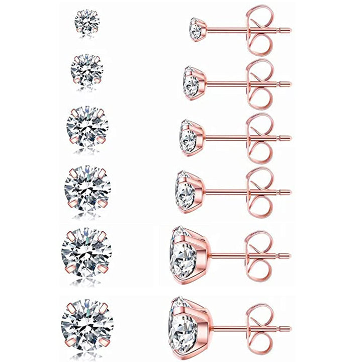 Set of 6 pairs of ear studs lady girl 316L stainless steel cubic zirconia earrings 3-8mm 3mm/4mm/5mm/6mm/7mm/8mm