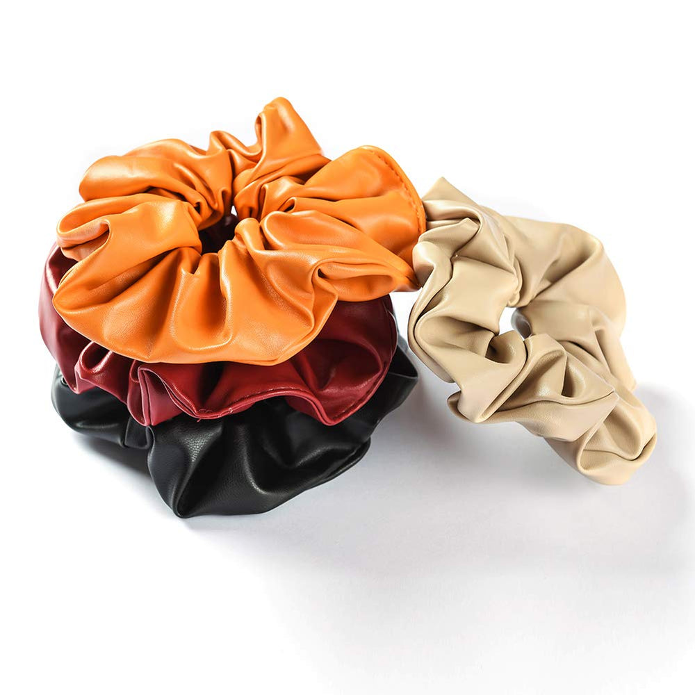 Soft Leather Hair Scrunchies for Women Oversize Elastic Hair Bands with Solid Color Classy Black Ponytail Holders for Thick Hair Strong Hair Tie Ropes as Girls Hair Accessories 4 Assorted Colors