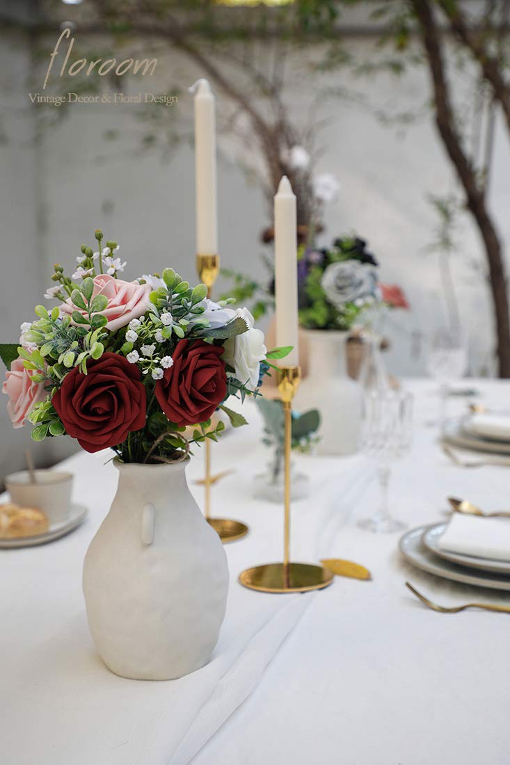Artificial Flowers 25pcs Real Looking Burgundy Foam Fake Roses with Stems for DIY Wedding Bouquets Red Bridal Shower Centerpieces Party Decorations