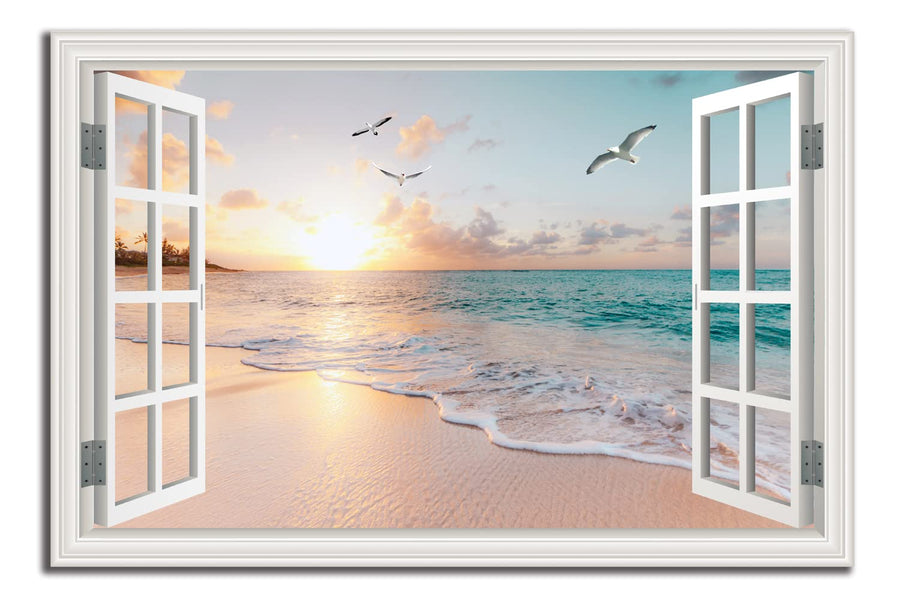 Beach Wall Art Picture for Living Room - Window Frame Style Canvas Wall Decor Ocean Sunset - Blue Sea and White Sand Painting on Canvas for Bedroom Office Home Decoration