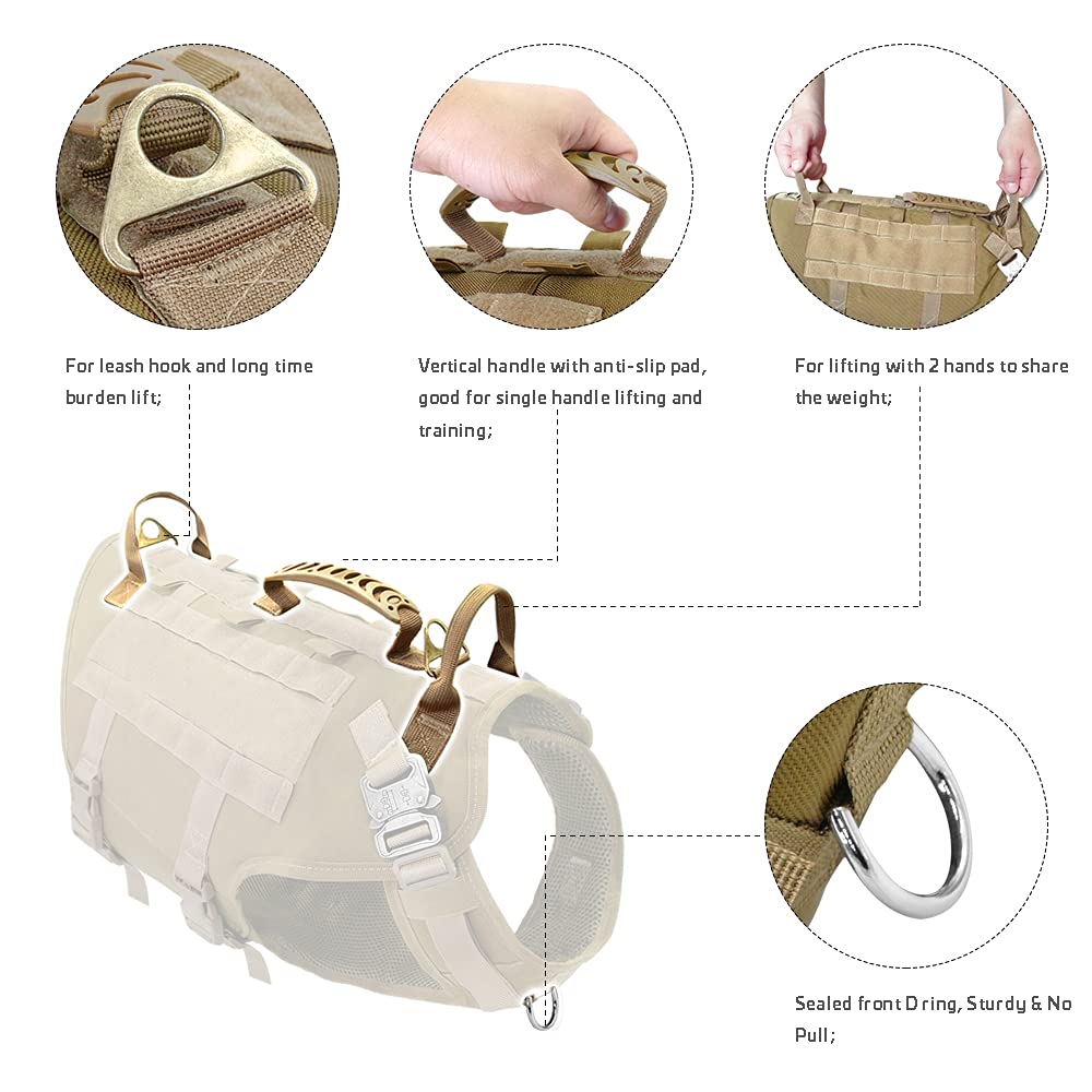 Tactical Dog Harness for Hiking Training, No Pull Vest Harness for Medium Large Dogs, with Pouches and Patches Coyote Brown, M