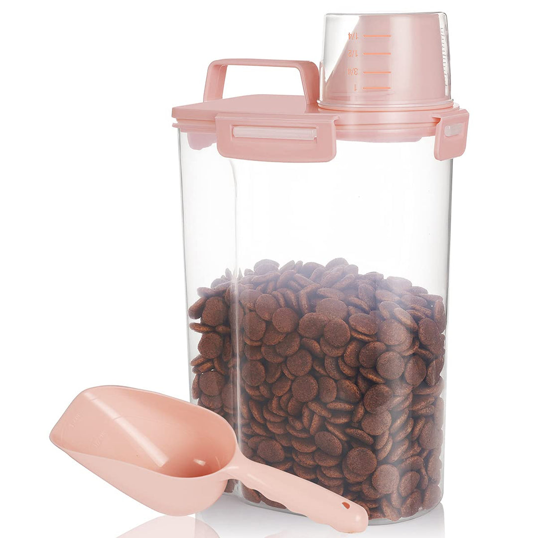 Pet Food Storage Container, Airtight Cat Food Container with Measuring Cup, Small Dog Food Storage Container with Scoop, 4 Seal Buckles Food Dispenser for Regular Food, Dog, Cat, Bird (Pink)